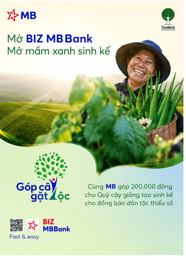 Poster chương trình Góp cây gặt lộc — Mở Biz MB Bank, mở mầm xanh sinh kế